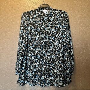 J.Jill Floral Layered Tunic Shirt Top Button Long Sleeve Black Blue Women Large